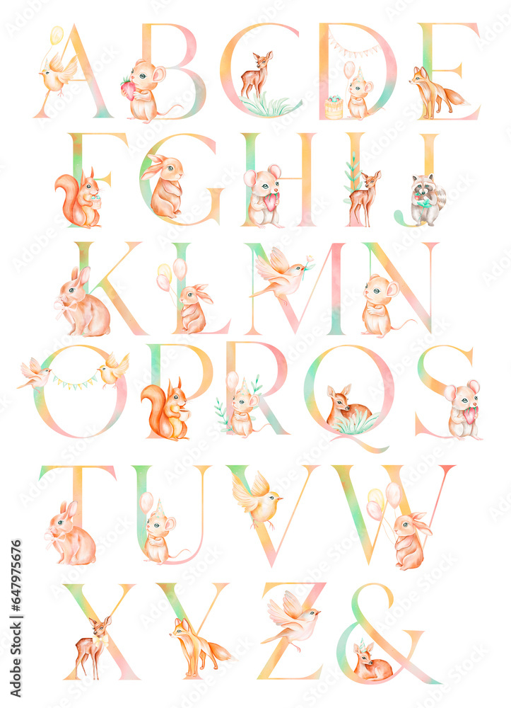 Cute alphabet. Hand drawing font for children. Flat isolated illustration. design for typographic posters, banners, cards