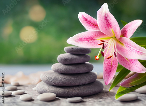 Spa still life. Spa massage stones with pink flowers on defocused wellness background.