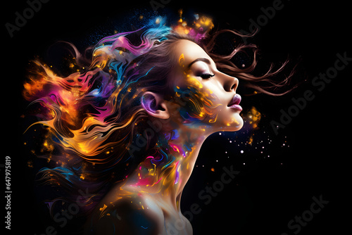 Beautiful abstract woman with fantasy style, double exposure, vibrant splash painting in black background