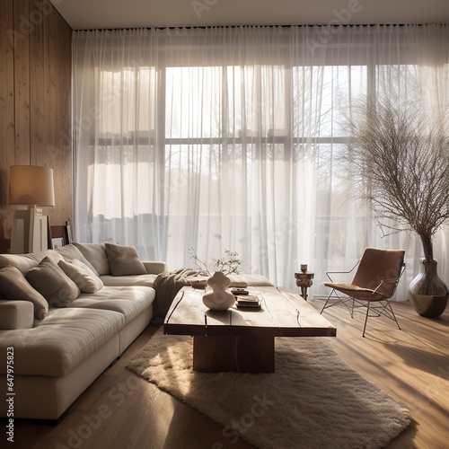 living room with semi transparent curtai photo