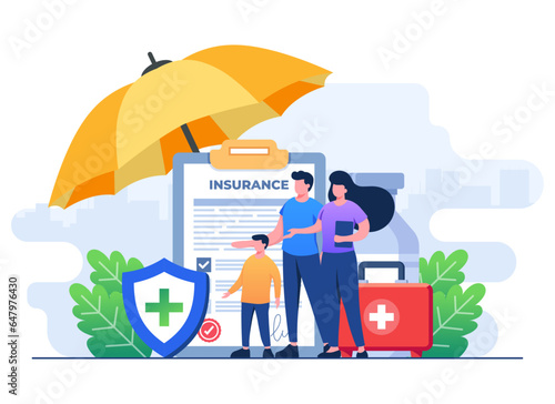 Family insurance policy concept flat illustration vector template, Family protection, healthcare and medical coverage