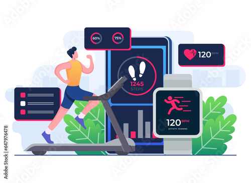 Man character running on a treadmill, Fitness tracker mobile app flat illustration vector template, Smart working, Training, Sports exercises, Monitoring heart rate in fitness app on a smartphone