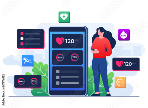 Digital health concept flat illustration vector template, Monitoring heart rate in a smartphone, Fitness tracker mobile app