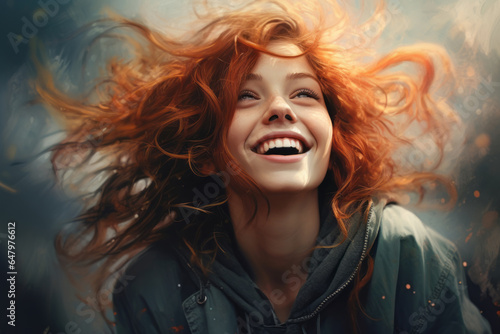 portrait of a beautiful red-haired girl with long curly hair who laughs and looks up into the sky, emotions of happiness, euphoria