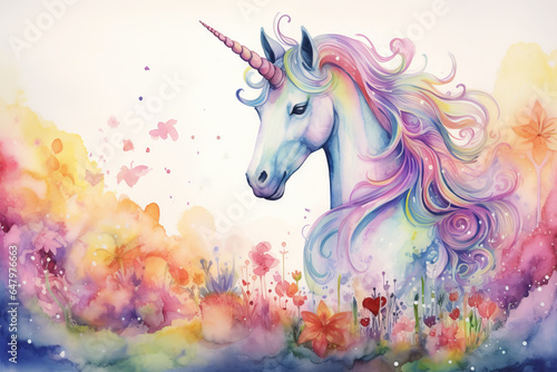 portrait of a unicorn in the style of watercolor painting with multicolored paints, wet watercolor technique, beautiful children's illustration, drawing