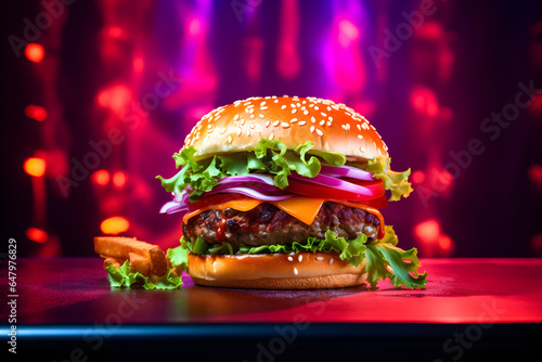 studio shot of gourmet burger with neon lights in background