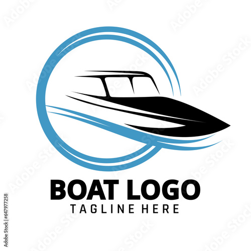 Vector Boat icon logo. Speed boat circle water wave template design illustration