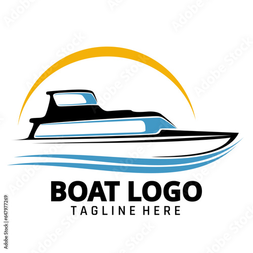 Vector Boat icon logo. Speed boat shining sun template design illustration