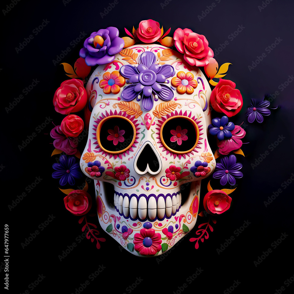 Mexican skull and flowers, on a blue background, original pattern. Muertos Dead Day. Mexican skull and flowers, on a blue background, original pattern. Muertos Dead Day.