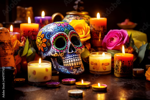Sugar skull used to celebrate dia de los muertos, on a purple background with flowers and candles. photo