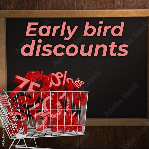 Early bird discounts text in pink with various red percentage numbers in shopping trolley