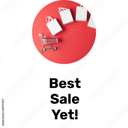 Best sale yet text on white background with bags and shopping trolley on red