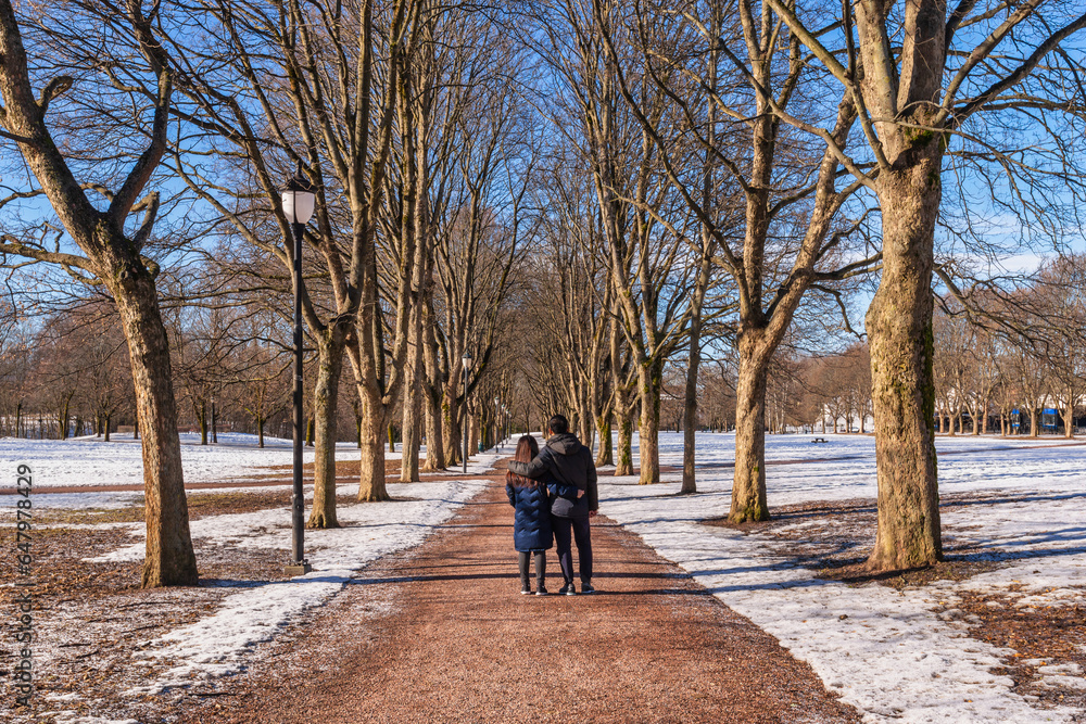 Oslo Norway, snow winter landscape at Vigeland Park with love couple tourist Oslo Norway, snow winter landscape at Vigeland Park with love couple tourist