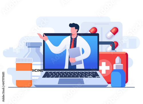 Doctor talk online concept flat illustration vector template, Online consultation service, Ask doctor, Online medical advice, Telemedicine, Digital prescriptions and teletherapy