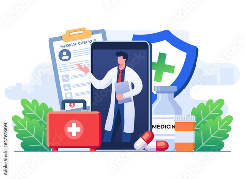 Online medical checkup concept flat illustration vector template, Healthcare checkup, Hospital clinical test result paper, patient prescription data record information, diagnostic checklist service