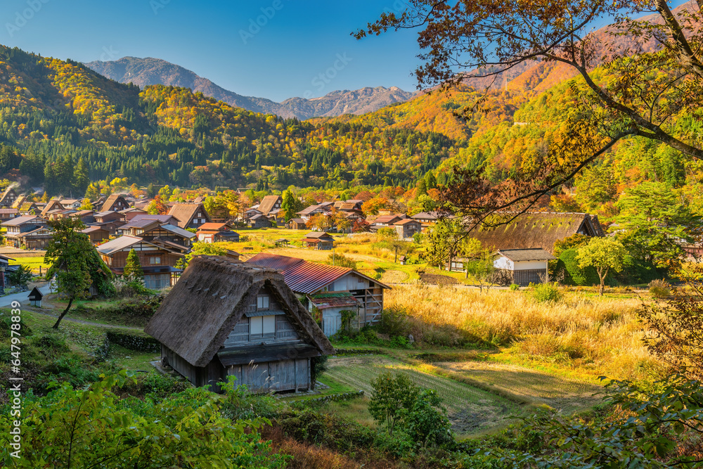 Shirakawago village Gifu Japan, Historical Japanese traditional Gassho house at Shirakawa village in autumn foliage season