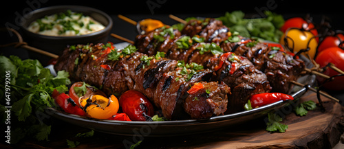 a serving platter of steak skewers with cherry tomatoes and garnish