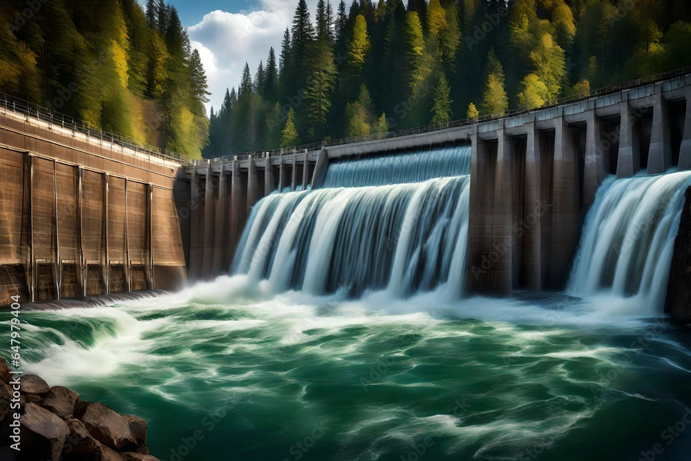 Hydroelectric dam generating green energy from flowing water, with a cascading waterfall Hydroelectric dam generating green energy from flowing water, with a cascading waterfall