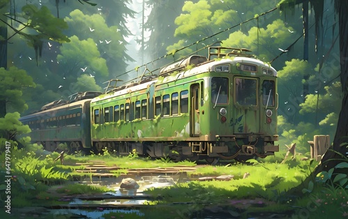 abandoned train car overtaken by vibrant green moss