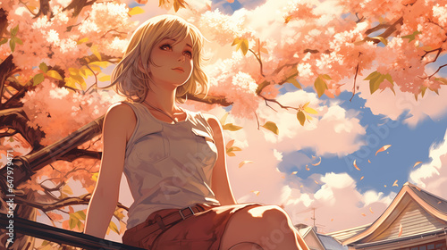 Pretty Anime & Manga Girls in Japanese Suburban Area - Blossom Trees, Sakura, Woman, Women, Girl, Female, Pretty, Beautiful, Drawing, Digital Art, Illustration, City, Suburbs, Nature, Pastel, Cherry