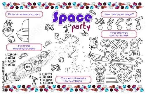 Festive placemat for children. Printable activity sheet "Space party" with a labyrinth, connect the dots, and fill in the missing letters. 17x11 inch printable vector file
