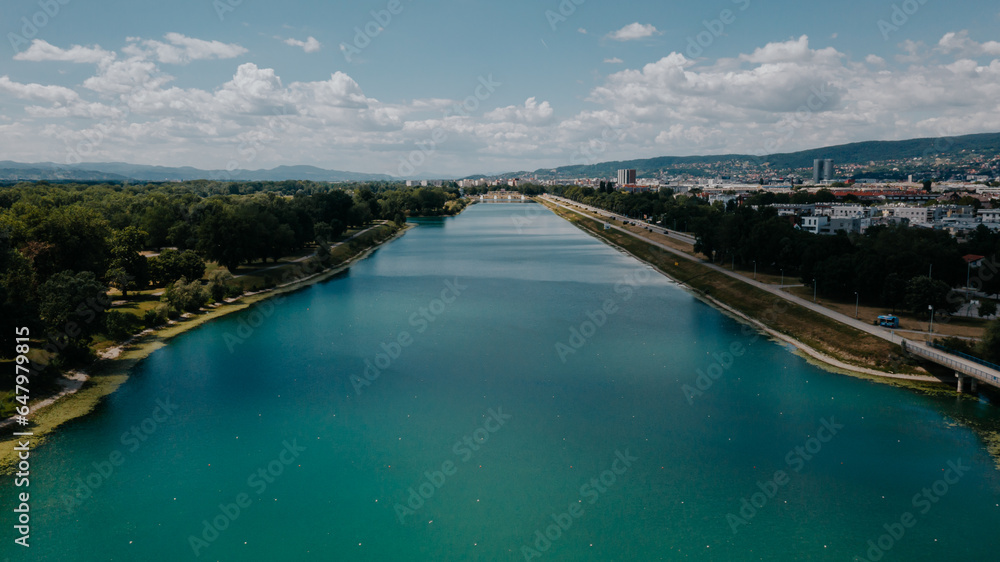 Above the Waters: Aerial View of Lake Jarun with Clouds in the Background. Zagreb, Croatia 
