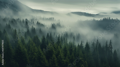 A bird's eye view of a pine forest naturalism morning fog. © Yuwarin