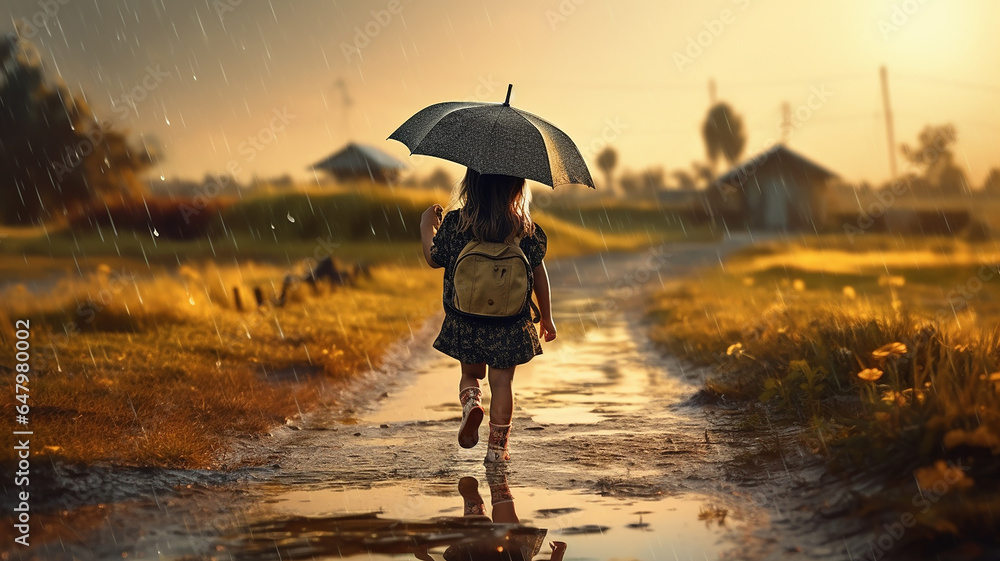 Cute girl holding umbrella walking on rural road on rainy day.