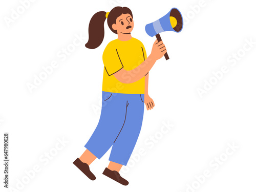 illustration of a colored female character, design element to stop violence against women, illustration of a woman's pose under a defense speaker design