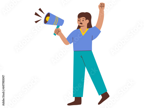 illustration of colored female character, design element of stopping violence against women, pose of woman advocating with speaker