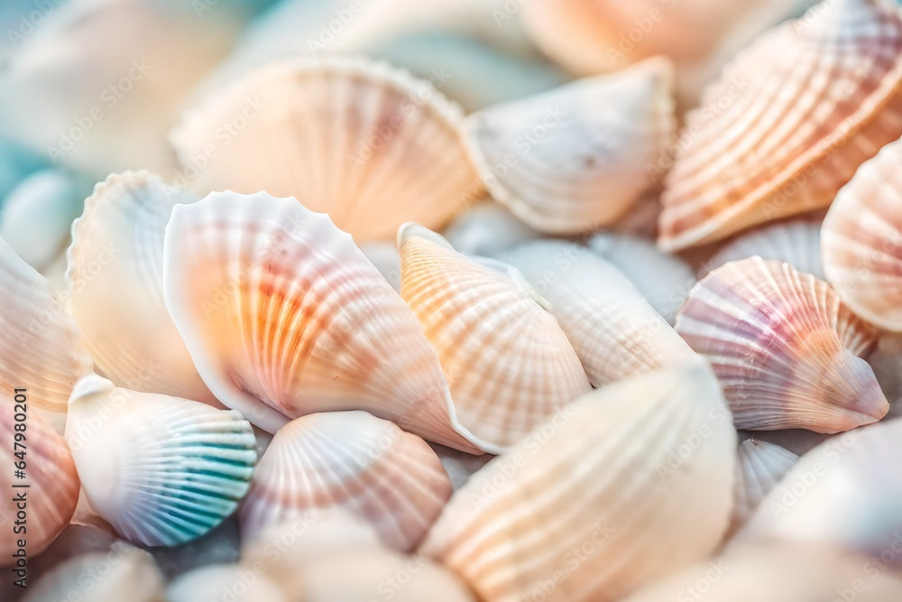 Extreme close-up of abstract blurred seashells, soft pastel hues of the shore abstract background, isolated background for business