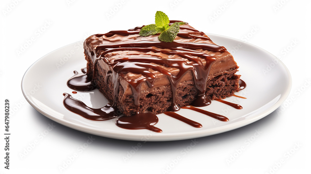a piece of brownie cake with melted chocolate on a white plate isolated on white background a piece of brownie cake with melted chocolate on a white plate isolated on white background