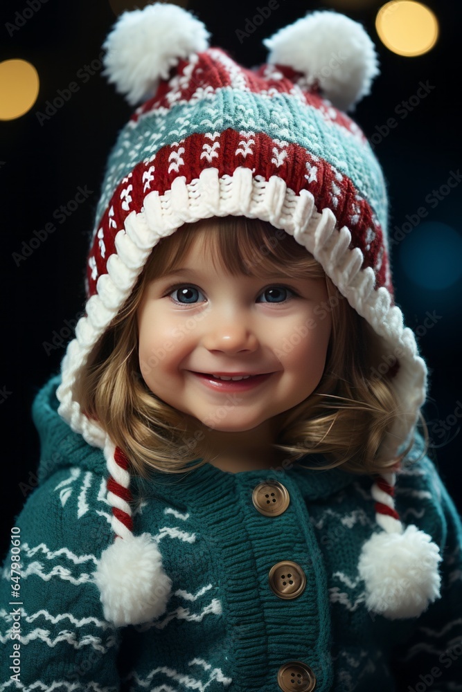 Smiling baby wearing a knitted elf costume with a jingle bell hat, Generative AI Smiling baby wearing a knitted elf costume with a jingle bell hat, Generative AI
