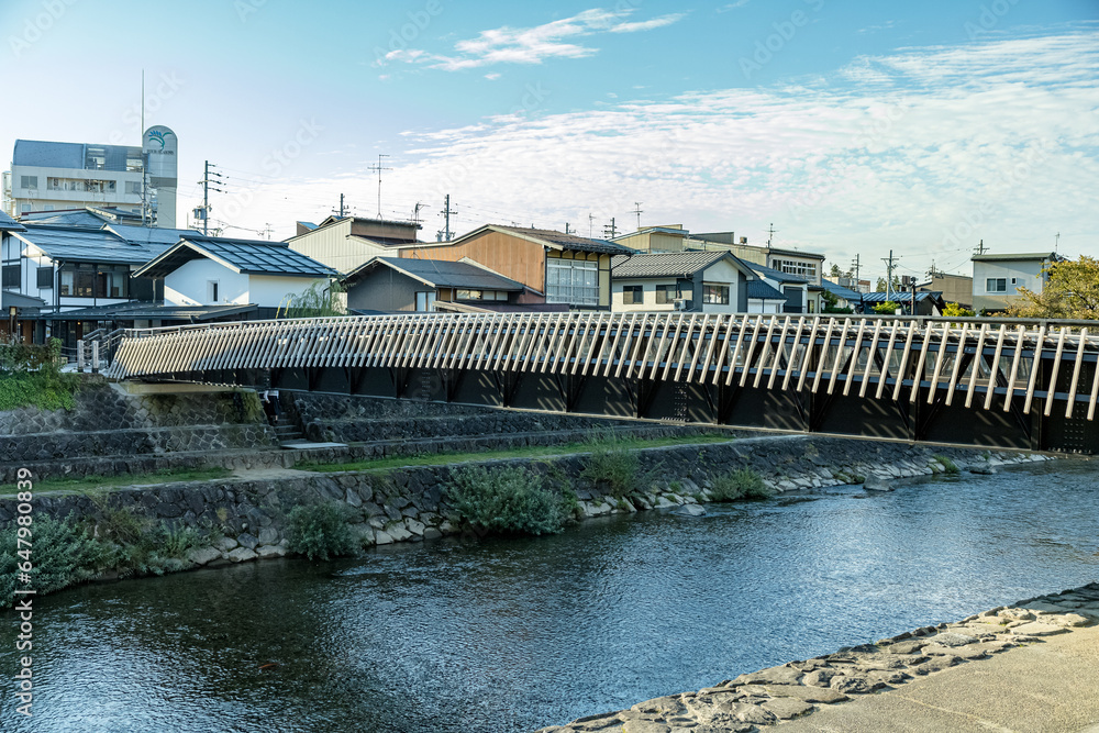 Old public town Takayama and Miyagawa River on Japan autumn in the morning.