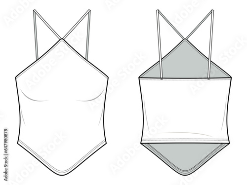 Fitted white Halter top flat technical fashion illustration. Halter top fashion flat technical drawing template, front view, back view, crop top, white color, women, CAD mockup set.