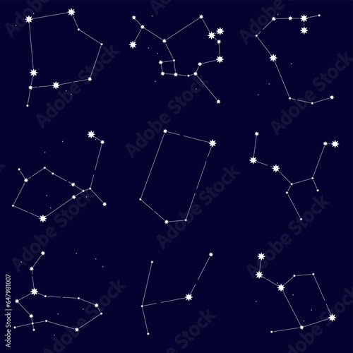 Collection of fairy constellations against night sky. Accumulation and association of stars into astrological signs and symbols. Astrology background. Simple vector isolated on dark backdrop