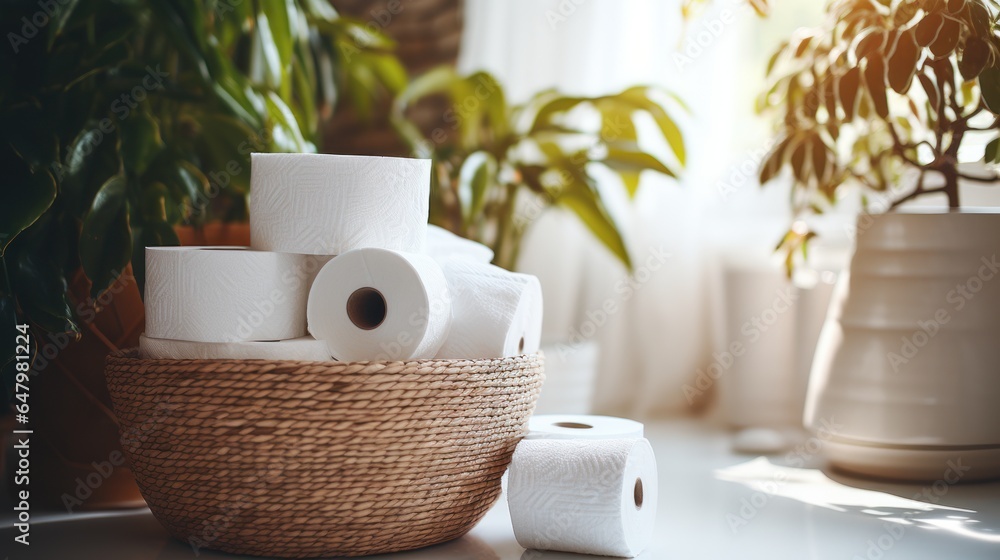 Basket with paper rolls on ceramic toilet bowl in modern bathroom. - obrazy, fototapety, plakaty 