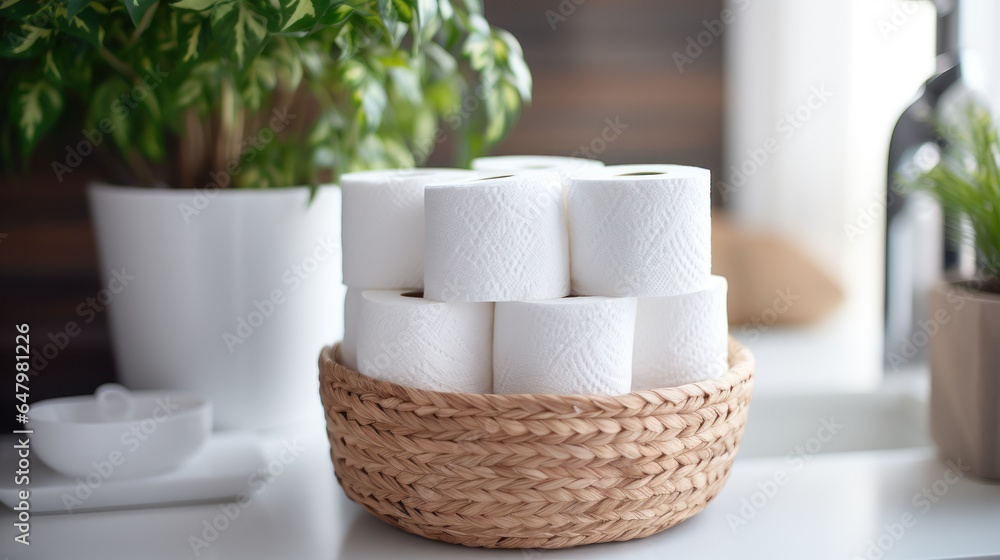 Photograph of Basket with paper rolls on ceramic toilet bowl in modern bathroom. Photograph of Basket with paper rolls on ceramic toilet bowl in modern bathroom.