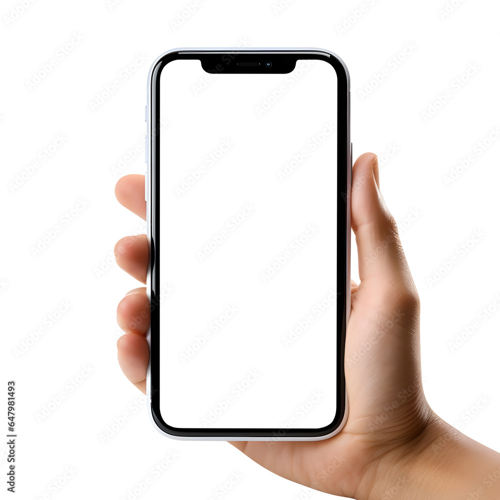 Woman hand holding the smartphone with blank screen mockup, Cutout. - obrazy, fototapety, plakaty 