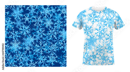 Short sleeved cotton sports t shirt decorated winter snowflakes. Six pointed fluffy snowflakes symbol of winter weather. Comfortable summer clothes. Vector ornament for design of textile and fabric