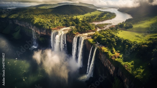 Stunning aerial photos of majestic waterfalls cascading down sheer cliffs. Surrounded by lush greenery