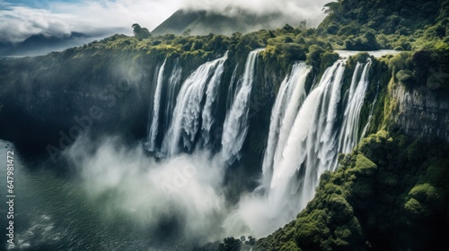 Stunning aerial photos of majestic waterfalls cascading down sheer cliffs. Surrounded by lush greenery photo