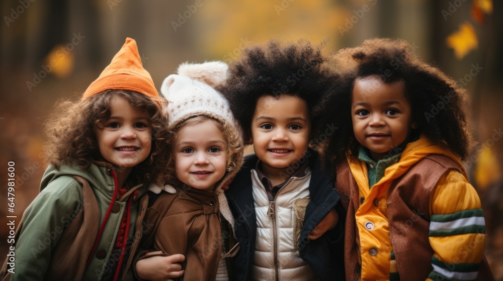 A group of multiracial children celebrate Halloween together wearing holiday costumes.
