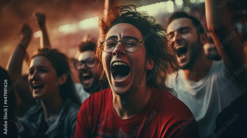 A photograph of a cheering crowd in a football stadium. A photograph of a cheering crowd in a football stadium.
