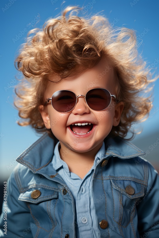 Smiling baby wearing a tiny denim jacket and stylish sunglasses, Generative AI Smiling baby wearing a tiny denim jacket and stylish sunglasses, Generative AI