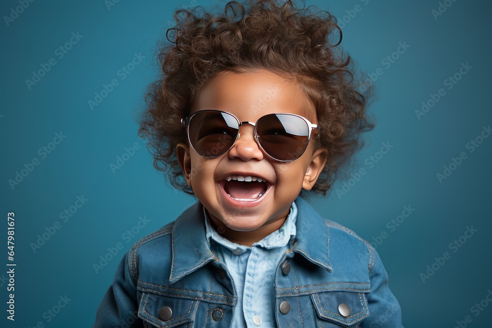 Smiling baby wearing a tiny denim jacket and stylish sunglasses, Generative AI