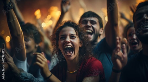 A photograph of a cheering crowd in a football stadium. © sirisakboakaew