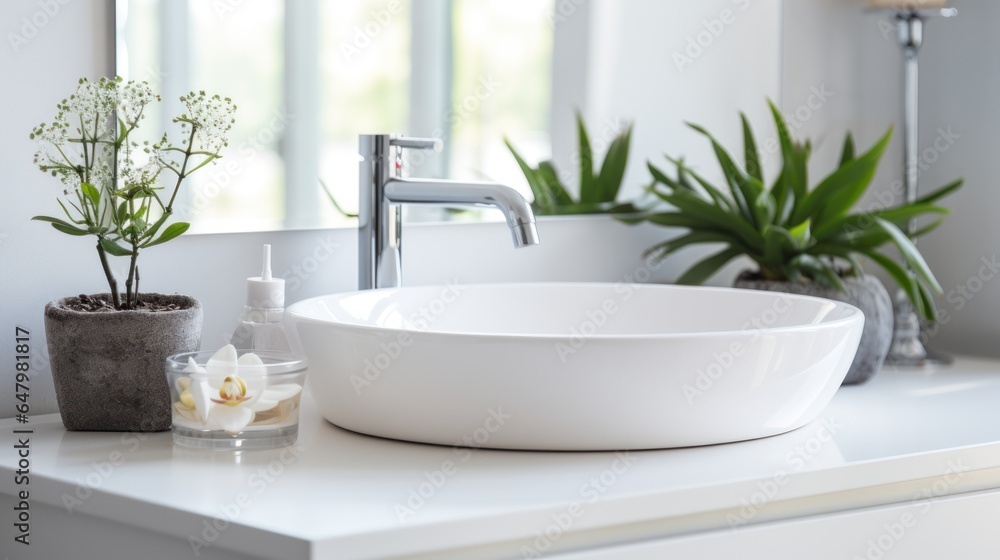 Fototapeta premium Modern counter in bathroom Light-colored bathroom interior with bathroom accessories, sink.