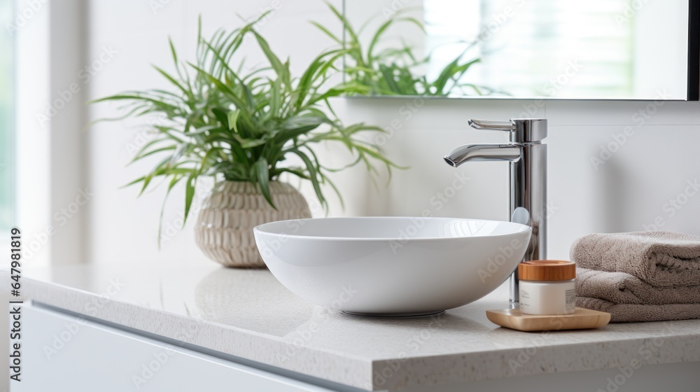 Fototapeta premium Modern counter in bathroom Light-colored bathroom interior with bathroom accessories, sink.