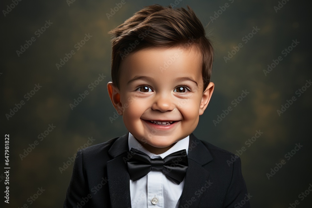 Smiling baby wearing a tiny tuxedo with a bowtie, looking dapper and ready for a special occasion, Generative AI Smiling baby wearing a tiny tuxedo with a bowtie, looking dapper and ready for a special occasion, Generative AI